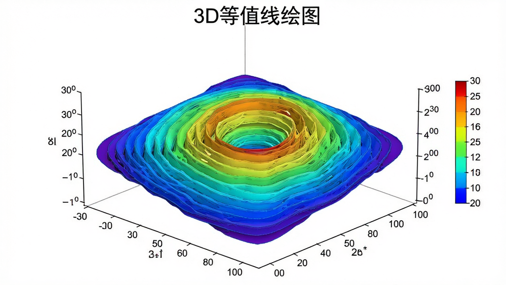 软件名称“3D等值线绘图”功能展示图,画面主体为三维等值线立体模型,线条颜色从蓝到红渐变表示数值高低,背景为纯白,布局居中,风格为科研插图风,细节包括坐标轴标签、色带图例,画质高清,画面干净,无多余元素