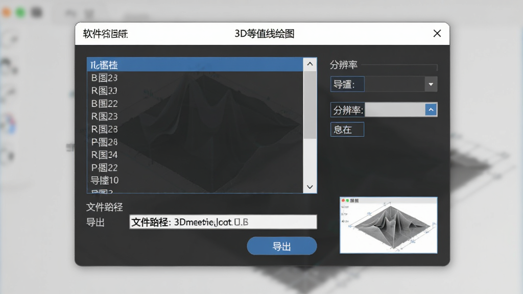 软件名称“3D等值线绘图”导出设置窗口,画面展示格式选择列表与分辨率选项,布局为居中弹窗,风格为简洁商务风,细节包括文件路径栏、导出按钮、预览缩略图,画质高清,画面干净,无多余元素