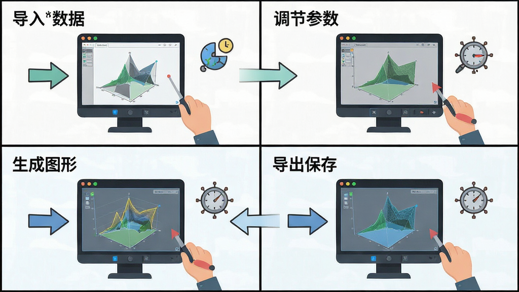 软件名称“3D等值线绘图”新手操作流程图,画面以四格漫画形式展示导入数据、调节参数、生成图形、导出保存四个步骤,布局为田字格,风格为扁平插画风,细节包括箭头指引、图标示意,画质高清,画面干净,无多余元素