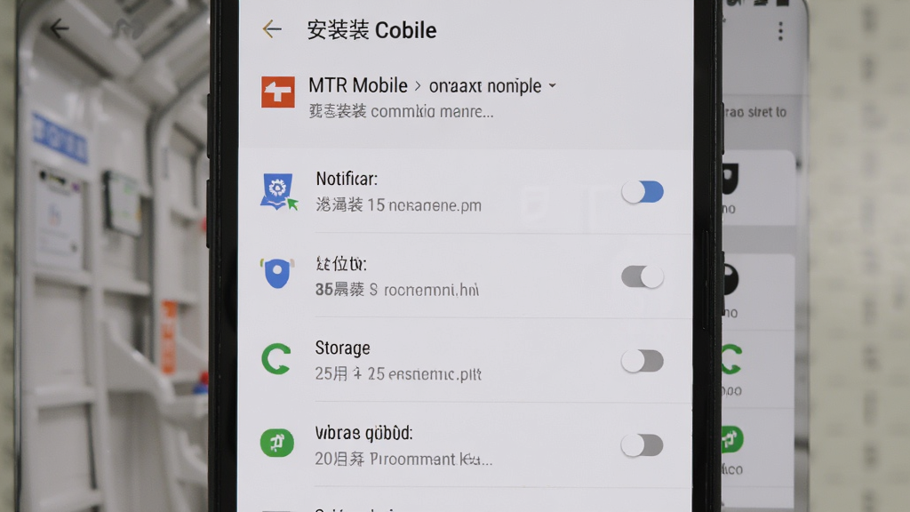安卓手机显示港铁MTR Mobile安装完成后的权限设置界面,画面中有通知、定位、存储等权限开关,背景为手机系统设置页面,主体为权限列表,布局清晰、排版规整、风格写实、细节准确、画质干净、无多余元素