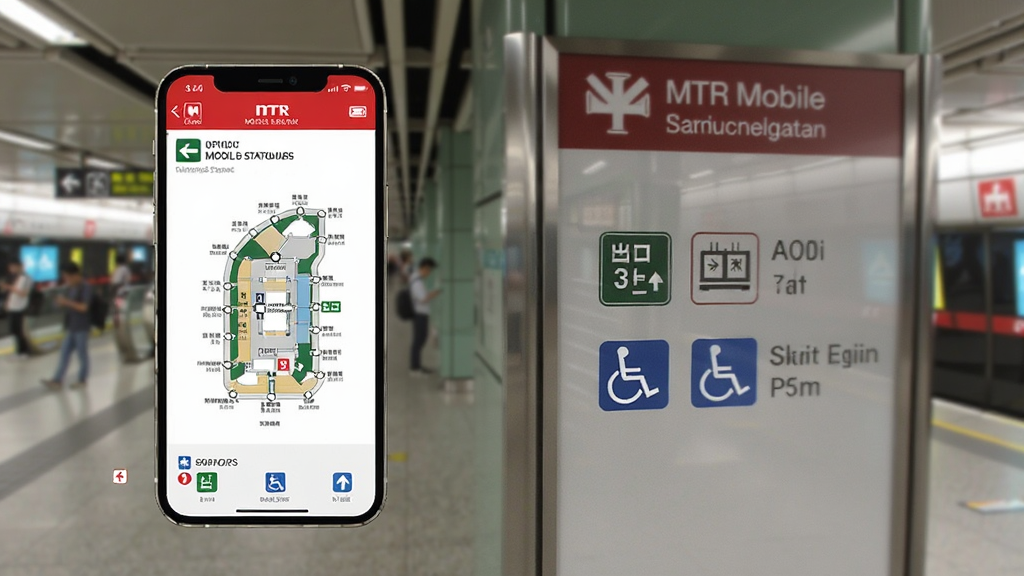手机展示港铁MTR Mobile车站设施页面,屏幕上有车站平面图、出口编号与无障碍电梯图标,背景为车站大厅实景虚化,主体为手机与站内指示牌,布局均衡、排版清晰、风格写实、细节丰富、画质干净、无多余元素