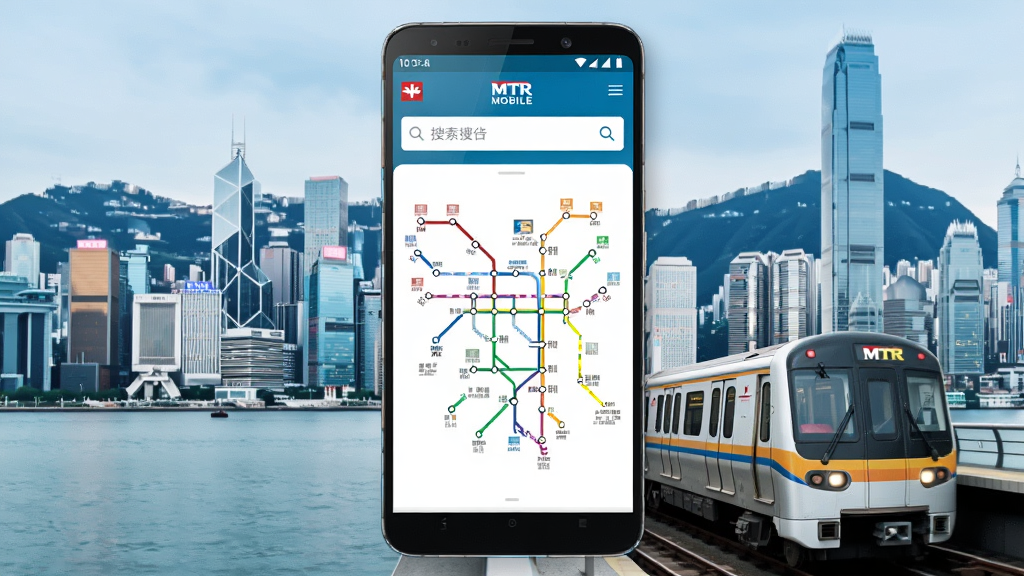一部安卓手机竖屏展示港铁MTR Mobile应用主界面,页面中央是港铁线路图与搜索框,背景为香港城市天际线与地铁列车,主体突出、布局居中、排版简洁、风格现代写实、细节清晰、画质干净、无多余元素