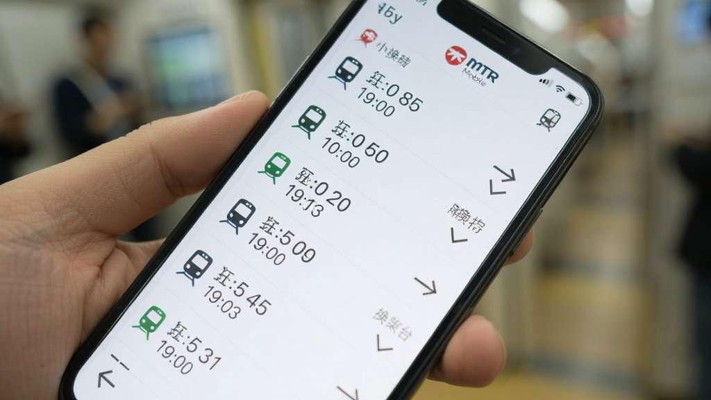 手机屏幕显示港铁MTR Mobile实时班次页面,画面中有多条线路的到站倒计时与换乘指引箭头,背景为简洁的浅色界面,主体为列车图标与时间数字,布局清晰、排版整齐、风格扁平化、细节精致、画质干净、无多余元素