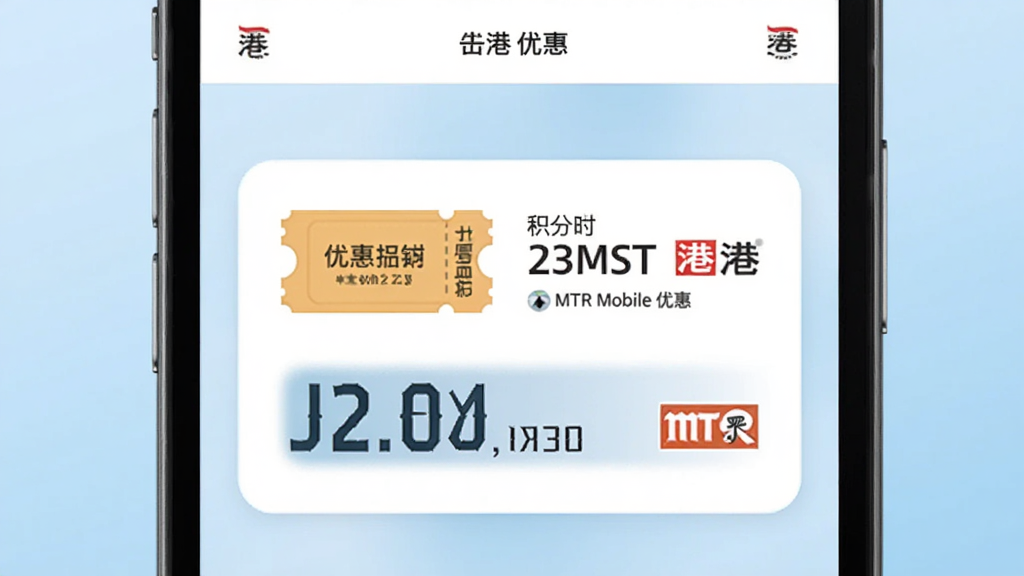 港铁MTR Mobile优惠页面手机截图风格,画面中有优惠券图标、积分数字与港铁标志,背景为柔和的浅蓝色渐变,主体为卡片式优惠信息,布局规整、排版清爽、风格简约、细节明确、画质干净、无多余元素