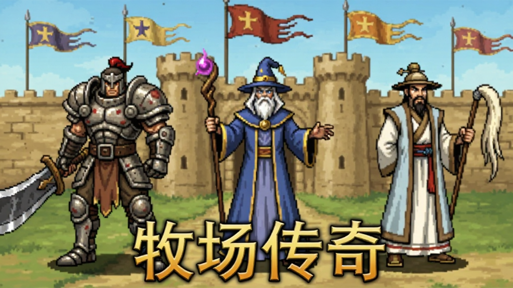 牧场传奇三职业角色展示图,画面中并排站立着战士、法师、道士三个角色,战士身穿重甲手持大刀,法师身披法袍手持魔杖,道士身着道袍手持拂尘,三人背后是沙巴克城墙和飘扬的战旗,画面下方用金色字体标注“牧场传奇”游戏名称,布局为横向排列,风格为复古传奇2D美术,画质清晰,背景干净整洁