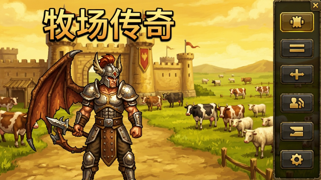 牧场传奇游戏主界面截图,画面中央是手持屠龙的战士角色站在沙巴克城门前,背景有辽阔的草原牧场和成群的牛羊,角色头顶显示“牧场传奇”四个大字,整体色调为暖黄色复古传奇风格,画面细节清晰,人物装备纹理可见,布局上角色居中偏左,右侧为功能按钮区域,风格为2D写实复古网游画风,画质干净无多余元素