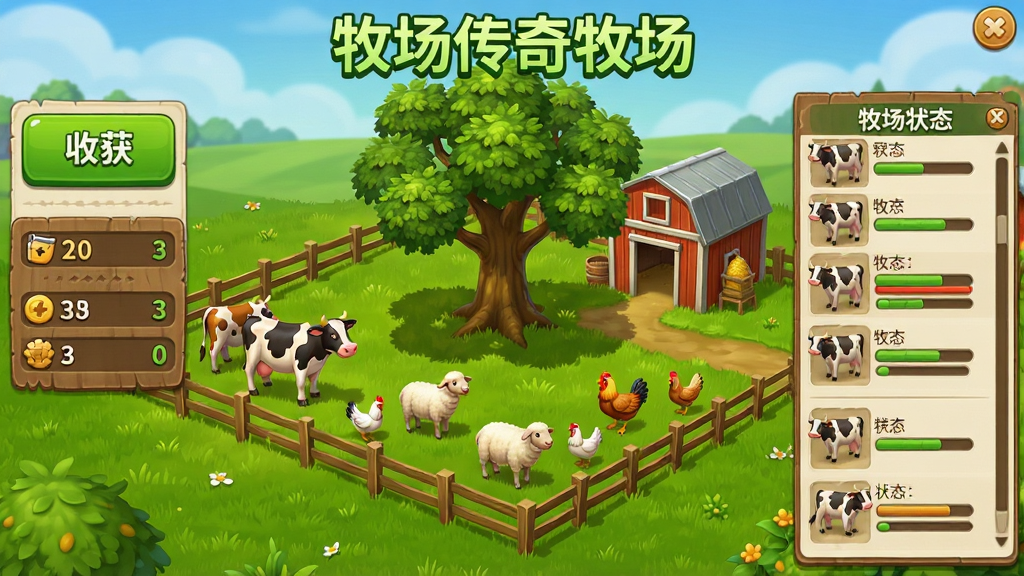 牧场传奇牧场养殖界面截图,画面展示一个绿草如茵的牧场,围栏内有牛、羊、鸡等动物,牧场中央有一棵大树和一个粮仓,画面左侧是收获按钮和资源数量显示,右侧是动物状态列表,顶部用绿色字体标注“牧场传奇牧场”字样,整体风格为卡通写实田园风,画质干净明亮,布局清晰
