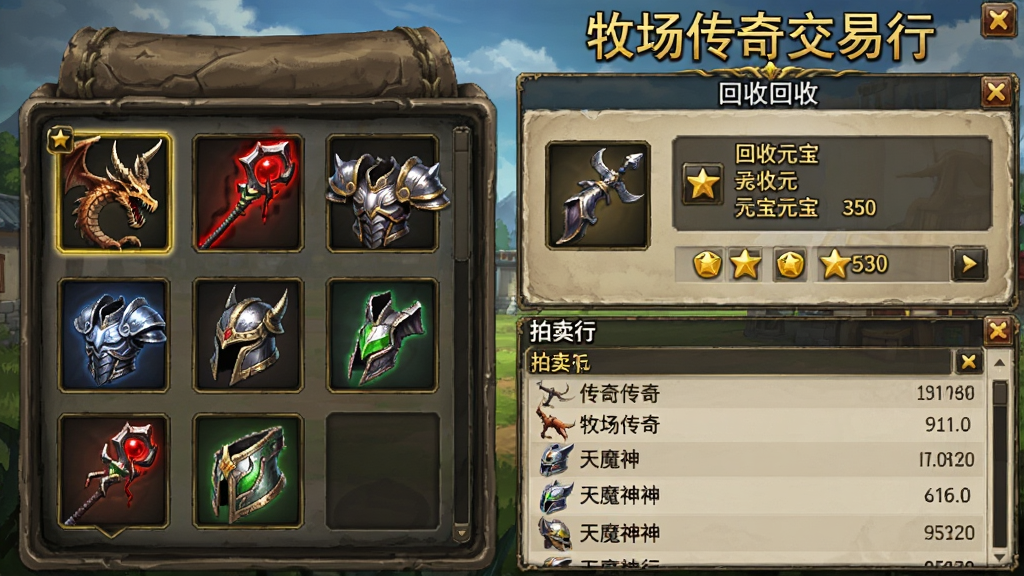牧场传奇装备回收与交易界面截图,画面左侧是背包栏中排列着各种传奇装备如屠龙、嗜血法杖、天魔神甲等,右侧是回收界面显示回收可得元宝数量,下方是拍卖行交易列表,顶部用金色字体标注“牧场传奇交易行”字样,风格为游戏UI界面截图,画质清晰,布局规整