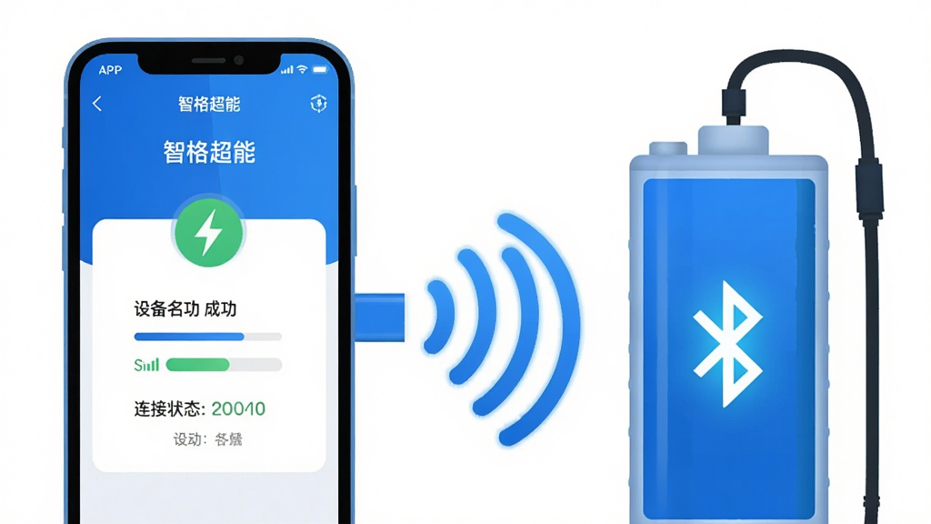手机与电动车电池之间通过蓝色蓝牙信号波纹连接,手机屏幕显示“智格超能”APP的蓝牙连接成功界面,包含设备名称、信号强度、连接状态等信息;电池上有一个发光的蓝牙图标;布局为左右分列,左侧手机、右侧电池,中间用信号波纹连接;风格为扁平化科技插画,配色以蓝色和白色为主;画质高清,干净整洁,无多余元素