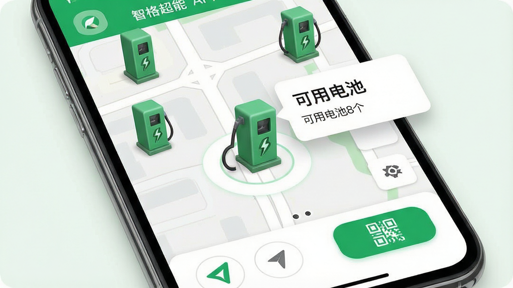 手机屏幕显示“智格超能”APP的地图界面,地图上有多个绿色换电柜图标标记,其中一个标记被放大并弹出信息窗口显示“可用电池8个”;手机下方有导航按钮和扫码按钮;背景为浅色地图底图,整体风格清爽简洁,配色以绿色和白色为主;细节上地图道路清晰,换电柜图标带有立体感;画质高清,干净整洁,无多余元素