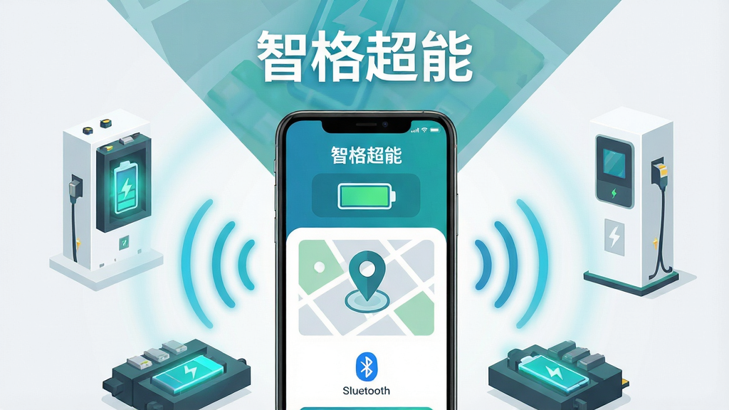 画面中央放置一部智能手机,手机屏幕上显示“智格超能”APP界面,界面中包含电池电量图标、换电柜地图定位标记、蓝牙连接状态指示;手机周围环绕电动车电池、换电柜、蓝牙信号波纹等元素;布局采用居中对称构图,上方留白放置应用名称文字“智格超能”;整体风格为扁平化科技风,配色以蓝绿色为主,辅以白色和浅灰色;细节上电池图标带有发光效果,地图标记清晰可见,蓝牙波纹呈现动态扩散感;画质高清,干净整洁,无多余元素