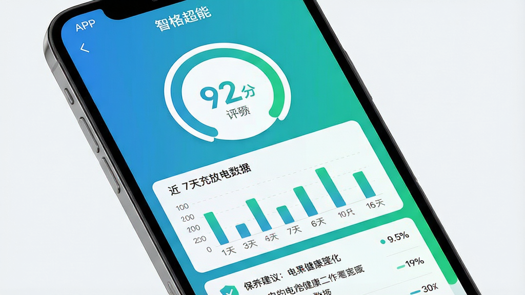 手机屏幕展示“智格超能”APP的电池健康分析报告页面,中央有一个圆形健康评分仪表盘显示“92分”,下方有柱状图展示近7天充放电数据,底部有保养建议文字列表;整体风格为数据可视化仪表盘风格,配色以蓝绿色渐变为主;布局清晰,信息层级分明;画质高清,干净整洁,无多余元素