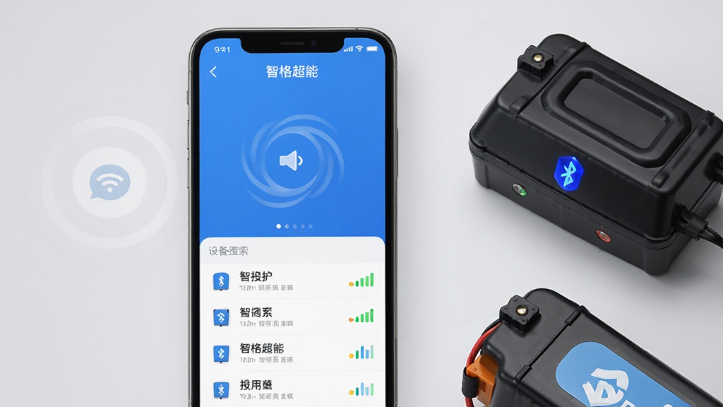 手机屏幕显示“智格超能”APP的蓝牙设备搜索界面,屏幕中央有一个旋转的搜索动画,下方列出已发现的设备名称和信号强度;手机旁边放置一块电动车电池,电池上蓝牙指示灯闪烁;背景为浅灰色,整体风格简洁明了;布局为手机居中,电池位于右下角;画质高清,干净整洁,无多余元素