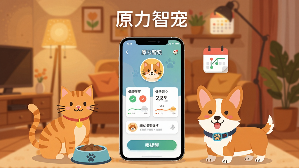 画面中央放置一部智能手机,手机屏幕上显示“原力智宠”应用主界面,界面中有宠物头像、健康数据卡片和喂食提醒按钮。手机周围环绕着一只橘猫和一只柯基犬的卡通形象,背景是温馨的家居客厅环境,暖色调灯光。布局采用居中构图,上方留白放置应用名称“原力智宠”。风格为扁平化插画,细节包括宠物食盆、智能项圈和日历图标。画质清晰,干净,无多余元素。