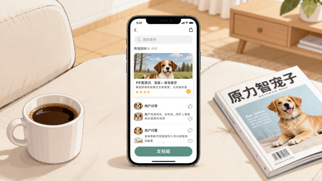 手机屏幕显示“原力智宠”社区页面,顶部有搜索框,中间是养宠知识文章卡片和用户问答列表,底部有发帖按钮。手机放在沙发上,旁边有一杯咖啡和一本宠物杂志。布局为手机居中,背景为客厅一角。风格为清新简约插画,细节包括文章缩略图和点赞图标。画质清晰,干净,无多余元素。