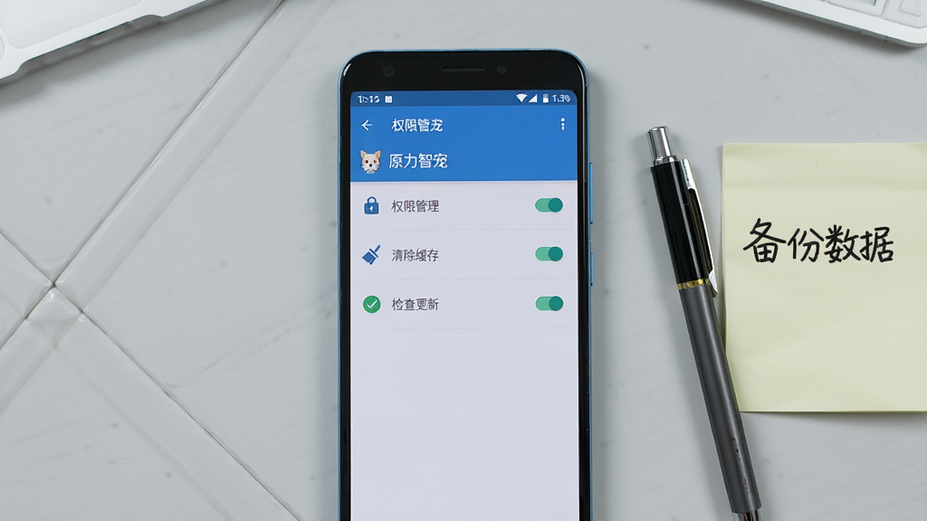 一部安卓手机屏幕显示“原力智宠”的设置页面,页面中有“权限管理”“清除缓存”“检查更新”等选项,手机旁边放着一支笔和便签纸,便签上写着“备份数据”。布局为手机居中,背景为浅灰色桌面。风格为简洁UI展示,细节包括设置图标和开关按钮。画质清晰,干净,无多余元素。