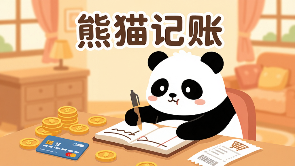 一只可爱的卡通熊猫坐在书桌前,前爪拿着笔在账本上认真记录,桌面上散落着金币、信用卡和购物小票,背景是温馨的暖色调房间,画面中央上方用圆润字体写着“熊猫记账”,整体风格清新治愈,扁平化插画风,色彩柔和明亮,细节丰富,画质清晰,干净无多余元素