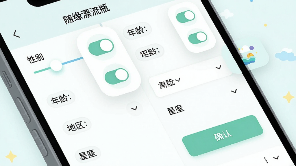 主体是手机界面展示随缘漂流瓶的筛选设置面板,包含性别、年龄、地区、星座等选项,布局为手机屏幕特写配合悬浮的筛选图标,排版采用左右分栏展示设置项,风格为清新浅色UI插画,细节包括滑块开关、下拉菜单、确认按钮,画质高清干净无多余元素,画面中打文字“随缘漂流瓶”