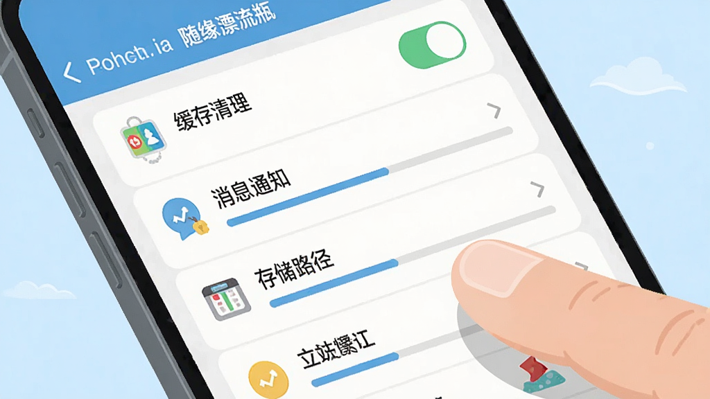 主体是手机屏幕显示随缘漂流瓶的设置页面,包含缓存清理、消息通知、存储路径等选项,布局为手机界面特写配合手指点击操作,排版采用上下滚动列表形式,风格为简洁扁平化UI插画,细节包括开关按钮、进度条、图标,画质高清干净无多余元素,画面中打文字“随缘漂流瓶”