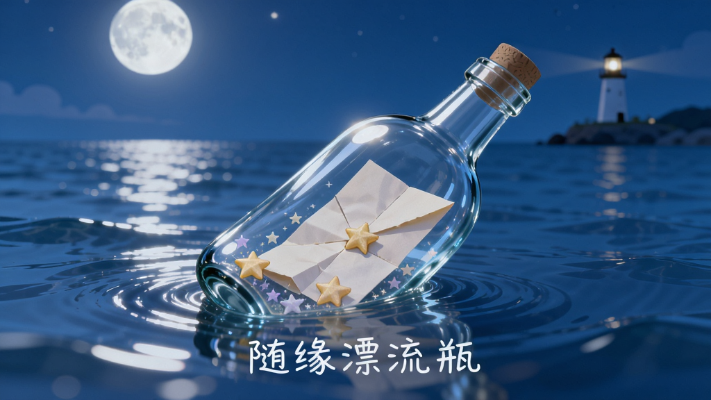 主体是一个透明玻璃漂流瓶漂浮在夜晚的蓝色海面上,瓶内装着一封折好的信和几颗小星星,布局以漂流瓶为画面中心,四周环绕柔和月光与海面波纹,排版简洁居中,风格为唯美治愈系插画,细节包括瓶身反光、海面倒影、远处灯塔微光,画质高清干净无多余元素,画面中打文字“随缘漂流瓶”