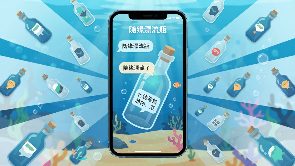 主体是一部智能手机屏幕显示随缘漂流瓶的捞瓶界面,瓶子里弹出陌生人的文字消息,布局采用手机正面展示配合周围漂浮的小瓶子图标,排版以手机为中心四周发散,风格为扁平化科技插画,细节包括屏幕光影、消息气泡、海底背景,画质高清干净无多余元素,画面中打文字“随缘漂流瓶”