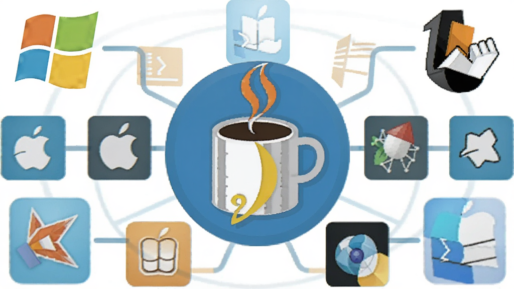 һ��չʾJava Runtime Environment��ƽ̨���и����ͼƬ�������Ƕ����ͬ����ϵͳ��ͼ��Χ��һ������Java���ȱ���־������Ϊ�������У��Ű�Գƣ����Ϊ��ƽ���Ƽ��廭��ϸ�ڰ���Windows��Linux��macOS��ͼ�ꡢ��ɫ���ɫ��ɫ�����������������������ɾ����޶���Ԫ��