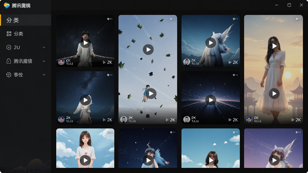 一张腾讯魔镜壁纸软件界面的生图,画面主体为软件主界面,布局采用网格瀑布流展示各种动态壁纸封面,排版左侧为分类导航栏,风格为深色模式UI,细节包括壁纸封面上有播放图标和分辨率标识,画质为2K清晰,干净,无多余元素。