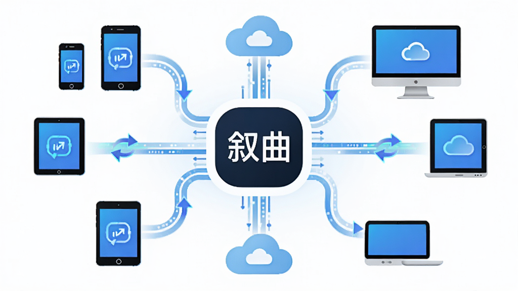 主体为云端同步概念图,布局采用中心向外辐射,中心为「叙曲」Logo,四周环绕手机、平板、电脑等设备图标,排版对称,风格为科技感插画,细节包含数据流线条、云朵图标、同步箭头,画质为高清矢量风格,画面干净简洁