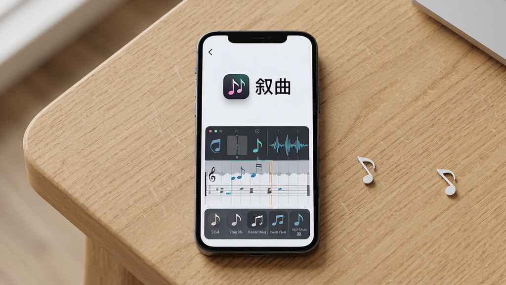 主体为一部智能手机放置在木质桌面上,屏幕中显示着「叙曲」软件的音乐创作界面,布局采用中心构图,排版上方为软件Logo与名称「叙曲」,下方为曲谱编辑区域与音符图标,风格为现代简约科技风,细节包含音符、节拍器、波形图等音乐元素,画质为高清4K,画面干净整洁,无多余元素