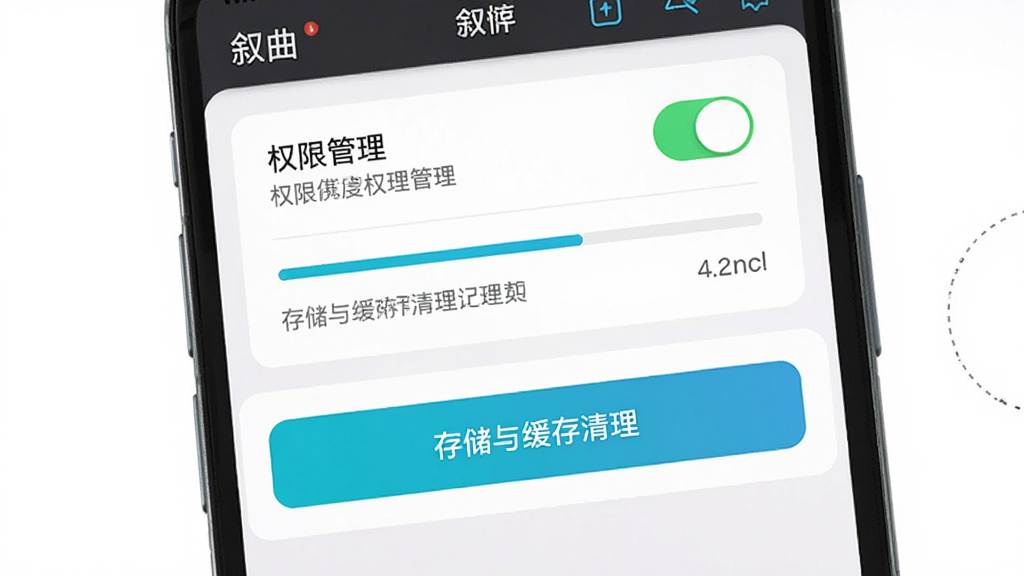 主体为手机屏幕显示「叙曲」软件设置界面,布局为上下结构,上方为权限管理选项,下方为存储与缓存清理按钮,排版清晰,风格为扁平化UI设计,细节包含高亮的开关按钮、进度条、提示文字,画质为高清截图风格,画面干净无多余元素