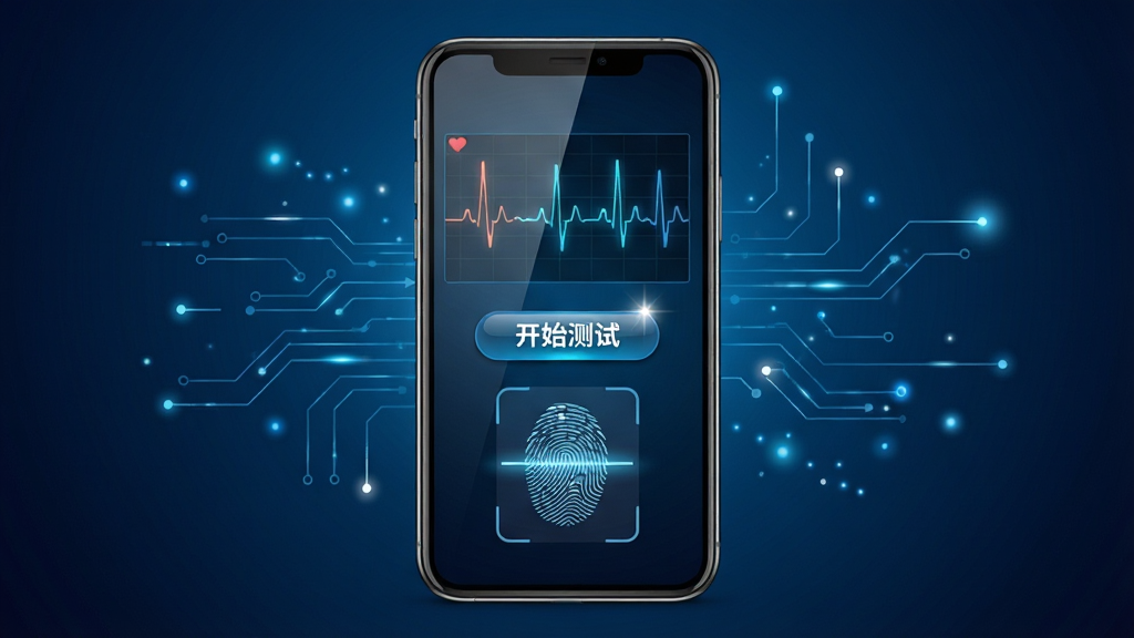 一张展示测谎仪模拟器应用主界面的图片,画面中央是手机屏幕,屏幕内显示测谎仪模拟器的主界面,包含心率波形图、开始测试按钮和指纹扫描区域,背景为深蓝色科技感渐变,布局为居中展示手机加周围漂浮的科技线条和光点,风格为写实科技风,细节包含屏幕反光、按钮高光、波形动态感,画质清晰,干净,无多余元素