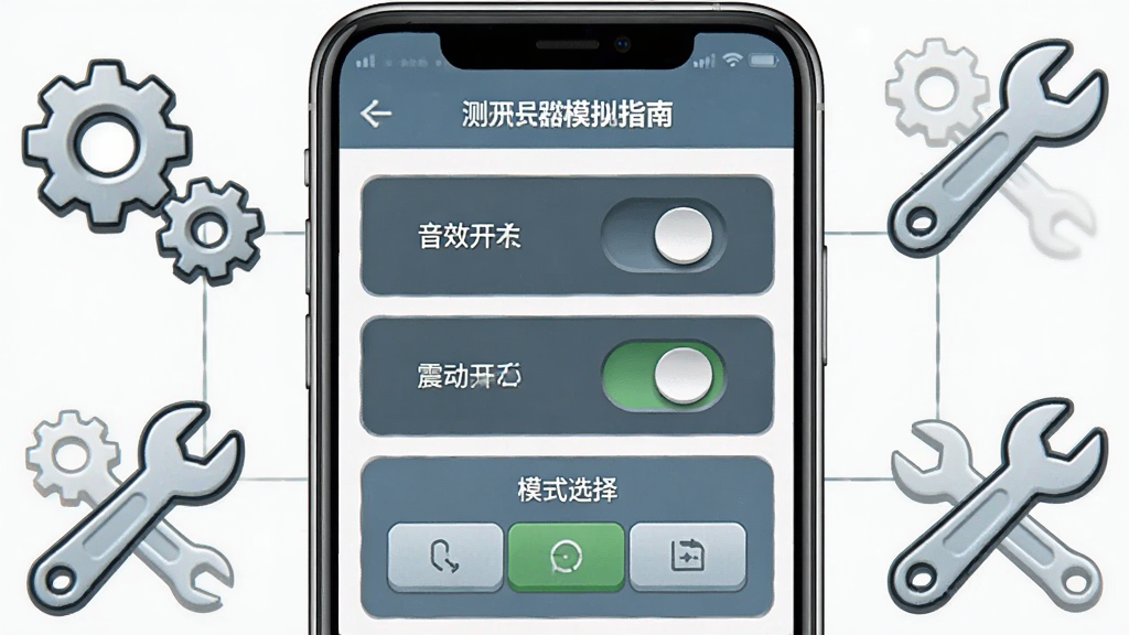 一张展示测谎仪模拟器使用指南的图片,画面为手机屏幕显示测谎仪模拟器的设置界面,屏幕中有音效开关、震动开关和模式选择选项,布局为手机居中,周围有齿轮和扳手图标装饰,风格为简洁教程风,细节包含开关立体感、图标清晰,画质清晰,干净,无多余元素