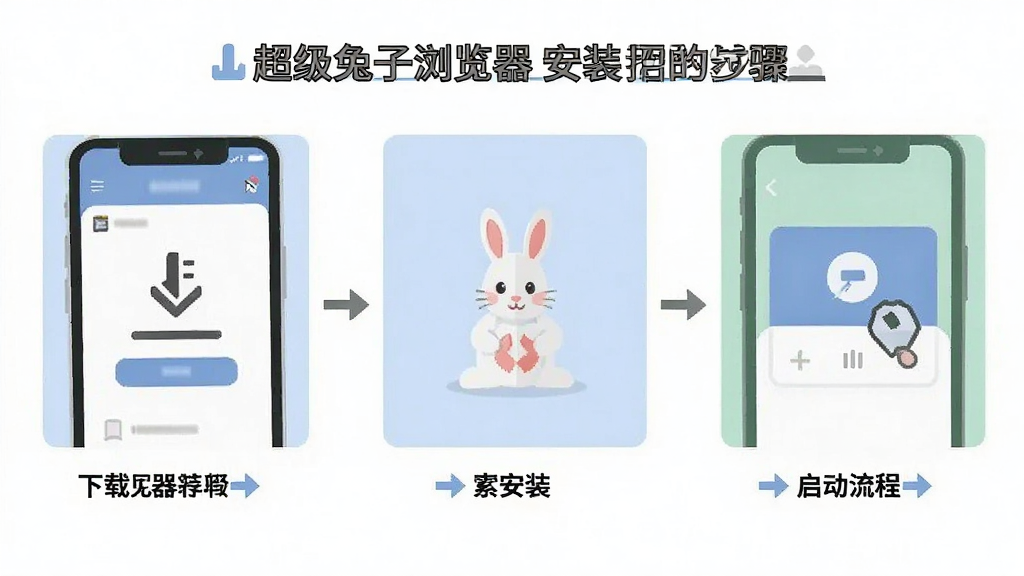 一张展示超级兔子浏览器安装过程的步骤示意图,画面分为三个小图展示下载、安装、启动的流程,每个步骤配有简洁图标和文字说明,风格清新扁平,色调柔和,画质高清,干净无多余元素