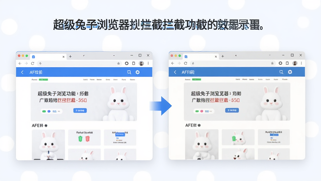 一张展示超级兔子浏览器广告拦截功能的效果示意图,画面中浏览器窗口内网页干净整洁,旁边用对比方式展示拦截前后的差异,风格简洁直观,色调以蓝色和白色为主,画质高清,干净无多余元素
