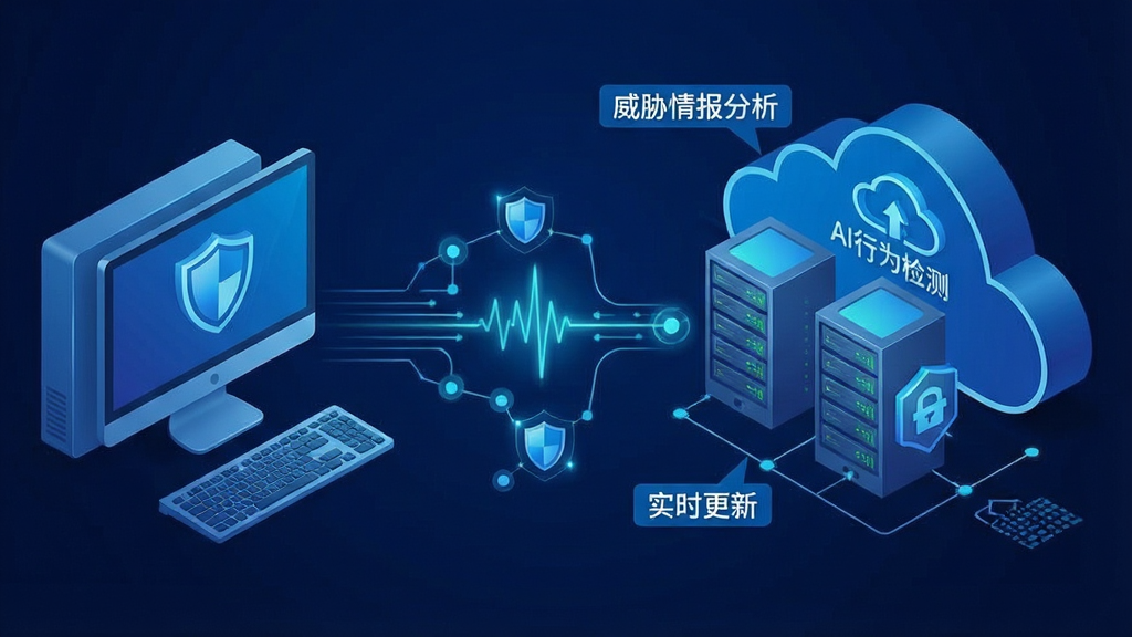 一张展示趋势科技PC-cillin云安全软件云端防护机制的示意图,画面左侧为本地电脑设备,右侧为云端服务器集群,中间以数据流线条连接,云端服务器上标注'威胁情报分析''AI行为检测''实时更新'等文字标签,整体布局左右对称,风格为科技蓝信息图,细节包括盾牌、数据节点、光线脉冲效果,画质高清干净,无多余元素