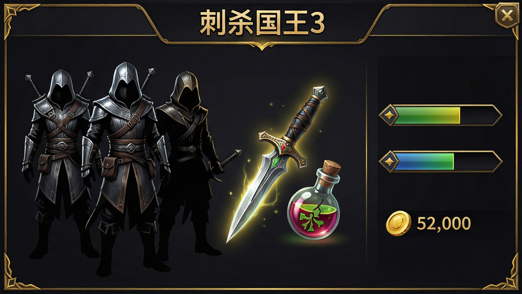 刺客装备界面布局,左侧展示三名不同造型的刺客剪影角色,中间是一把发光的匕首和一瓶毒药,右侧是升级进度条与金币数量,整体采用深色背景搭配金色边框,风格为游戏UI插画,细节上突出装备的金属质感与角色剪影的辨识度,文字在画面顶部居中显示“刺杀国王3”,画质清晰干净,无多余元素