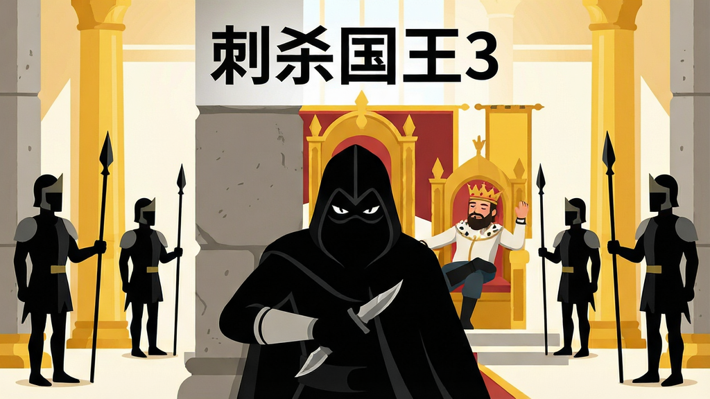 画面中央是一位身穿黑色斗篷的刺客剪影,手持短刃潜伏在宫殿石柱后方,背景是金碧辉煌的国王王座大厅,两侧站立着持矛守卫,构图采用对称式布局突出紧张氛围,整体风格为扁平剪影插画,细节上突出刺客锐利的眼神与王座上国王的慵懒姿态,文字在画面顶部居中显示“刺杀国王3”,画质清晰干净,无多余元素