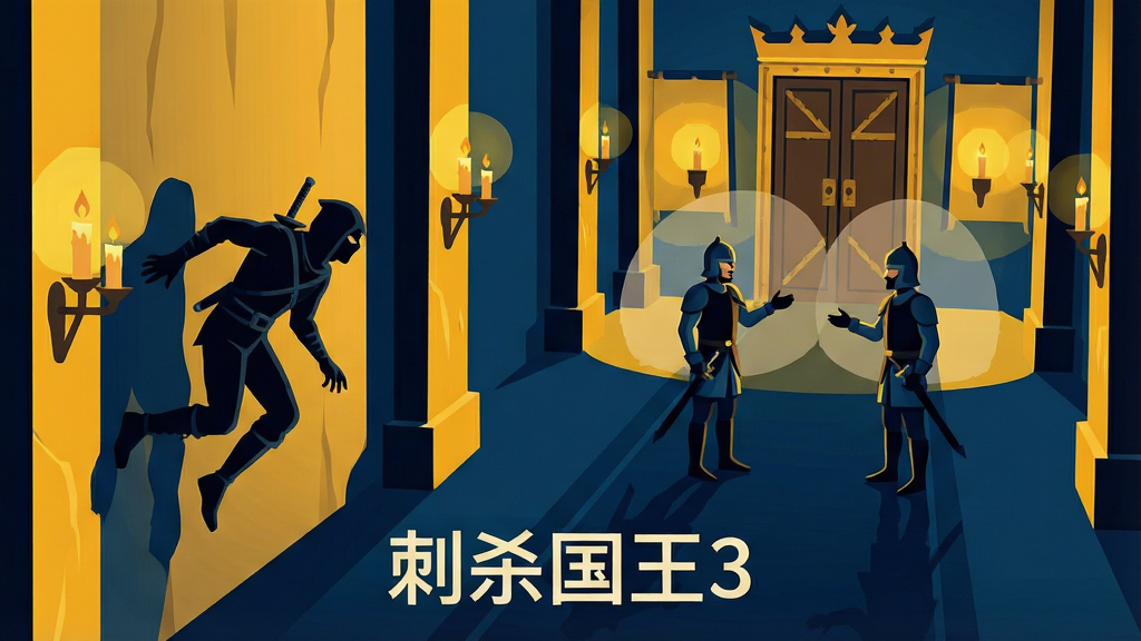 俯视视角的宫殿走廊场景,一名刺客剪影贴着墙壁缓慢移动,前方有两名守卫正在交谈,走廊尽头是国王的寝宫大门,画面用暖黄色烛光与深蓝色阴影形成对比,风格为极简矢量插画,细节上突出刺客的谨慎步伐与守卫的视线范围,文字在画面下方居中显示“刺杀国王3”,画质清晰干净,无多余元素