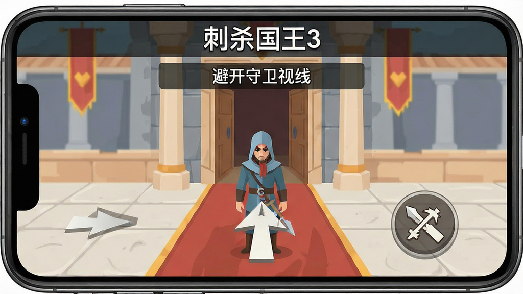 手机屏幕显示刺杀国王3的新手教学关卡,画面中刺客站在宫殿入口,前方有箭头指示移动方向,右侧有攻击按钮图标,屏幕上方有文字提示“避开守卫视线”,整体风格为扁平化游戏截图,细节上突出操作按钮与场景引导,文字在画面顶部显示“刺杀国王3”,画质清晰干净,无多余元素
