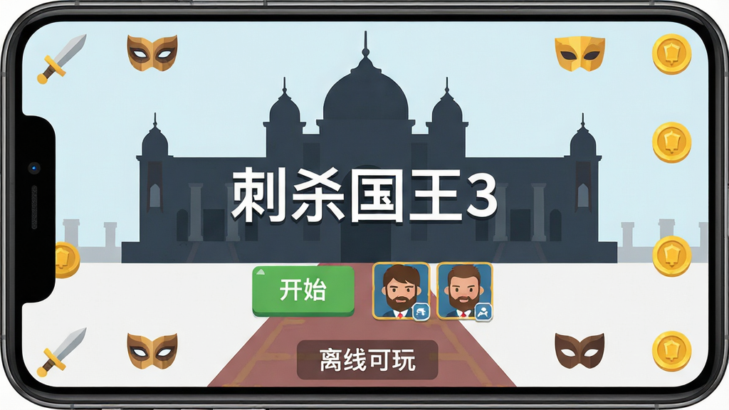 手机屏幕中显示刺杀国王3的游戏主界面,背景是简约的宫殿轮廓,中央有开始游戏按钮和角色选择图标,屏幕下方显示离线可玩标识,周围环绕着匕首、面具、金币等小图标,风格为扁平化移动端UI设计,细节上突出界面的简洁与功能分区,文字在画面中央显示“刺杀国王3”,画质清晰干净,无多余元素
