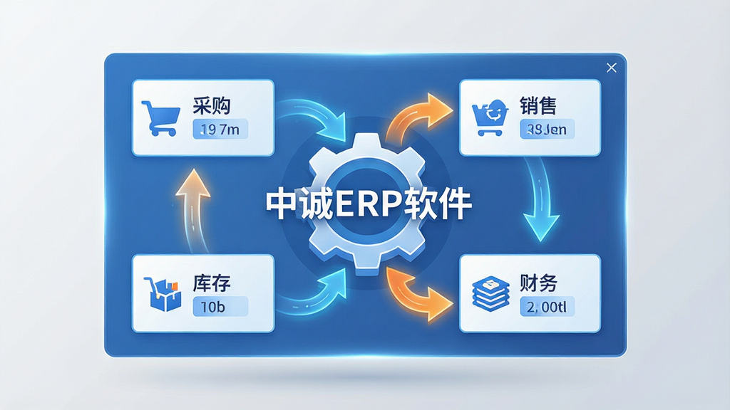中诚ERP软件一体化业务闭环示意图,画面主体为一块悬浮在半空中的全息数据面板,面板上用流程箭头串联起采购、销售、库存、财务四个核心模块,箭头呈现发光效果;布局采用左右对称结构,四个模块围绕中心的数据齿轮排列;风格为科技感扁平插画风,配色以蓝白为主、点缀少量橙色高亮;细节上每个模块内部有简洁的图标与数值标签,背景为干净的浅灰色渐变;画质高清锐利,无多余元素,画面中央标注“中诚ERP软件”字样