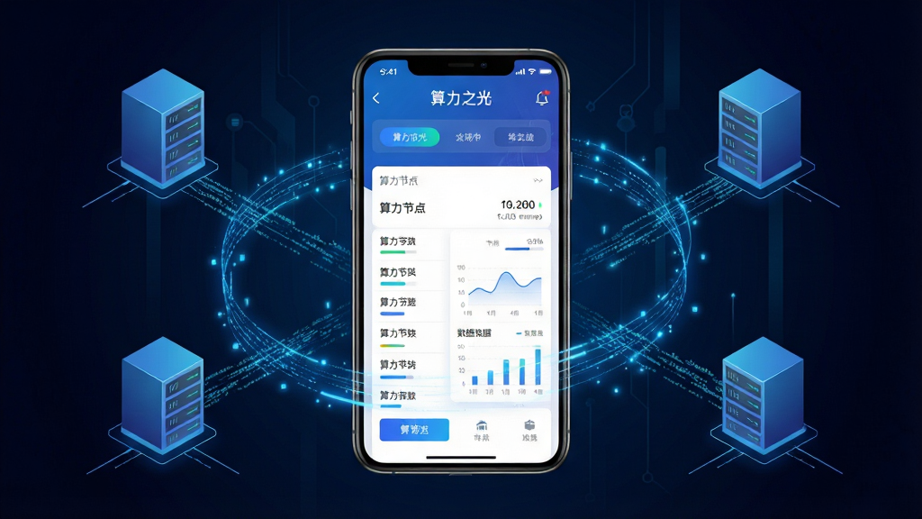 画面中央放置一部智能手机,手机屏幕上显示“算力之光”应用主界面,界面中有算力节点列表与数据图表,手机周围环绕着发光的蓝色数据流线条与服务器图标,背景为深色科技渐变,布局采用中心对称构图,风格为现代科技感UI展示,细节包括界面按钮、进度条、算力数值等元素清晰可见,画质为高清4K,干净无多余元素