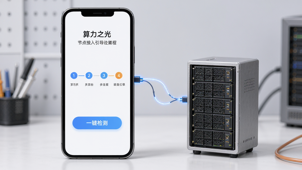 手机屏幕显示“算力之光”节点接入引导页面,页面中有步骤条与一键检测按钮,手机旁边有一台小型服务器模型,背景为浅灰色工作室环境,布局为手机与服务器并排展示,风格为简洁教程类配图,细节包括步骤数字、按钮高亮、连接线示意,画质为高清,干净无多余元素
