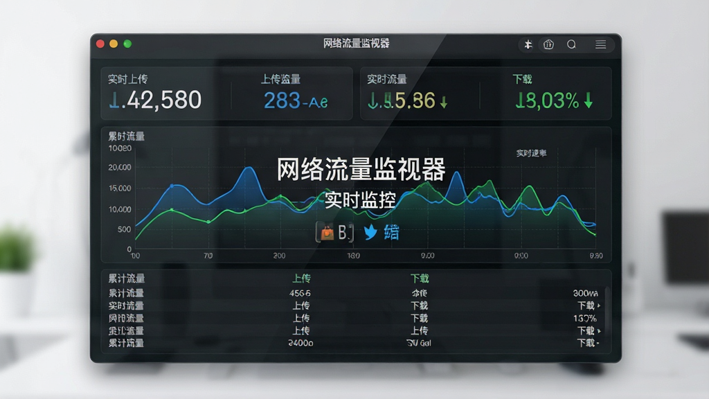 一张软件界面全景图,画面中央是网络流量监视器的主窗口,主体为深色半透明玻璃质感面板,布局上方为实时上传与下载速率数字显示,中部为动态折线流量图,下方为累计流量统计列表,排版清晰整齐,风格为现代科技感UI设计,细节包括蓝色与绿色曲线、网格背景、托盘图标,画质高清干净,无多余元素;画面中文字标注“网络流量监视器”“实时监控”“上传”“下载”