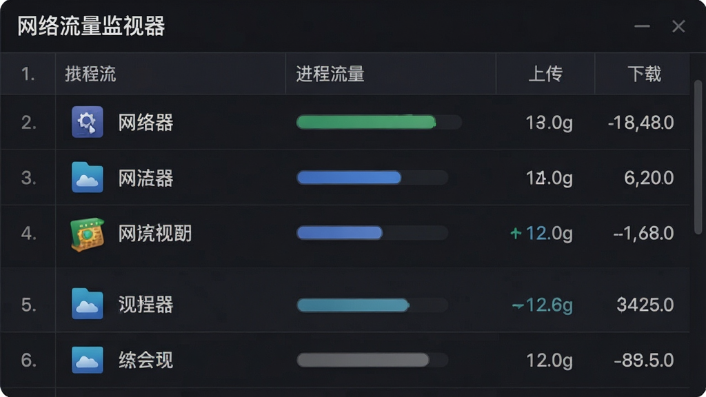 一张软件功能界面图,画面主体为网络流量监视器进程流量排行列表,布局为表格形式,左侧为进程图标与名称,右侧为上传下载数值,排版为竖向列表,风格为简约商务深色主题,细节包括排行序号、流量条、进程图标,画质清晰干净,无多余元素;画面中文字标注“网络流量监视器”“进程流量”“上传”“下载”