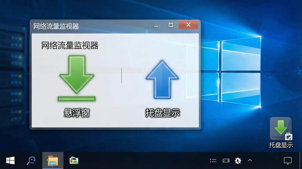 一张软件功能示意图,画面主体为网络流量监视器悬浮窗与系统托盘图标,布局为桌面右下角悬浮小窗加任务栏托盘区域,排版为局部特写,风格为现代Windows桌面风格,细节包括半透明悬浮窗、绿色下载箭头、蓝色上传箭头、托盘小图标,画质清晰干净,无多余元素;画面中文字标注“网络流量监视器”“悬浮窗”“托盘显示”