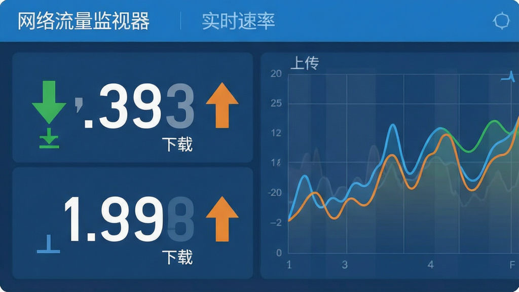 一张软件功能特写图,画面主体为网络流量监视器实时速率面板,布局为左侧上下行数字大字显示,右侧动态折线图,排版为横向信息条,风格为扁平化科技蓝配色,细节包括绿色下载箭头、橙色上传箭头、半透明网格背景,画质清晰干净,无多余元素;画面中文字标注“网络流量监视器”“实时速率”“上传”“下载”
