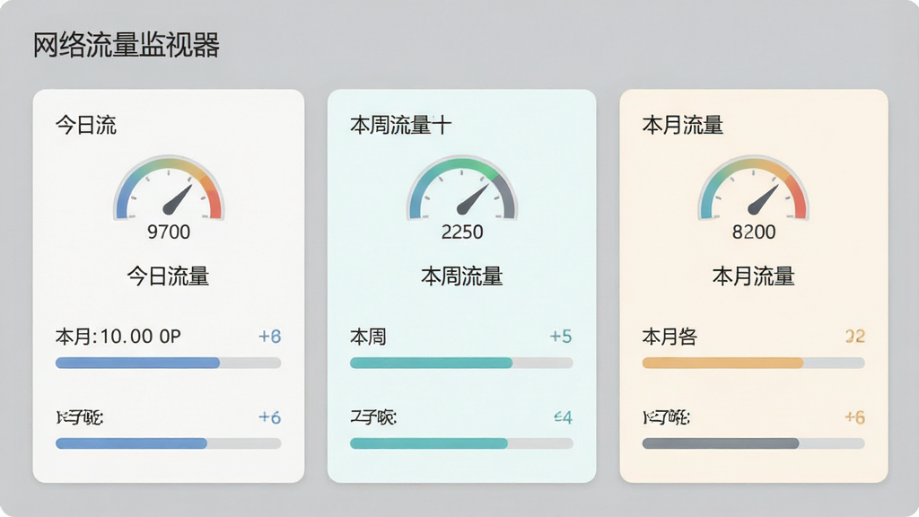 一张软件功能展示图,画面主体为网络流量监视器累计流量统计面板,布局为三列卡片式排列,分别显示今日、本周、本月流量,排版为纵向列表,风格为柔和浅色商务风,细节包括数字仪表盘图标、进度条、灰色背景,画质高清干净,无多余元素;画面中文字标注“网络流量监视器”“今日流量”“本周流量”“本月流量”