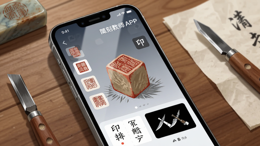 主图展示一部智能手机屏幕,屏幕上显示篆刻教师APP的界面,界面中央是一方正在雕刻的印章图案,周围环绕着历代印章缩略图、印文排版工具和刀法演示动画。背景为木质书桌,桌上摆放着刻刀、印石和宣纸。风格为写实与扁平化结合的科技插画,细节包括印章纹理、屏幕反光、工具图标。画质清晰,干净,无多余元素。