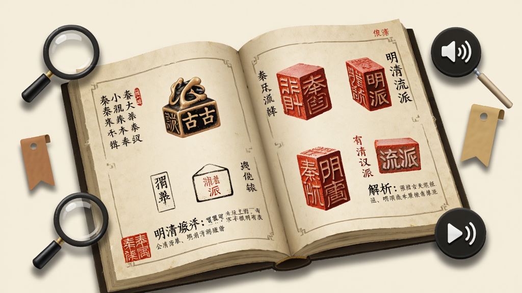 画面中心是一本翻开的虚拟古籍,书页上展示着秦汉古玺和明清流派印章的高清图片,每方印章旁有释文和解析文字。周围漂浮着放大镜、书签和语音播放按钮图标。风格为古典雅致的数字插画,色调以米黄、墨黑、朱红为主。细节包括纸张纹理、印章朱砂印泥质感、图标阴影。画质清晰,干净,无多余元素。